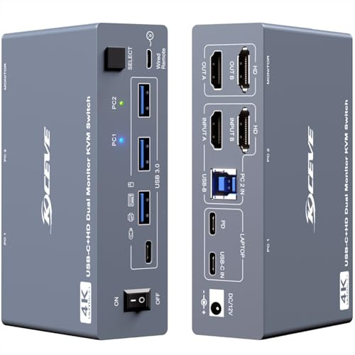 KVM Switch 2 Monitors 1 Desktop and 1 Laptop 4K@60Hz, 7-IN-1 Dual Monitor KVM Switch Docking Station, Expand 2 HDMI Displays,4xUSB 3.0,PD 80W, Wired Remote and USB-C Cable Included