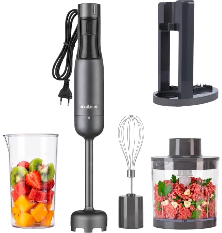 KUKEN Batidora De Mano 1000W Con Accesorios, Minipimer Profesional Con 9 Velocidades, Batidora Brazo Inox Con Pantalla LCD, Picadora, Varillas Y Vaso Graduado