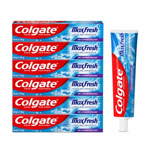 Colgate Max Fresh Cool Mint Zahnpasta 6 x 100ml (600ml) – Zahncreme mit Cooling-Kristallen für langanhaltende Frische – Kariesschutz & Frischer Atem – Familienpack Vorteilspack