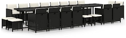 QJBSAVVA 21-TLG. Garten-Essgruppe mit Kissen Schwarz Poly Rattan, XXL Esstisch Set mit 16 Stühlen und 4 Fußstützen, Großes Outdoor Gartenmöbel Set für Terrasse und Garten