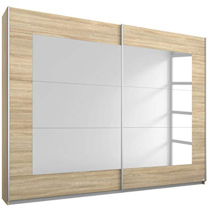 Rauch Möbel Alegro Schrank Schwebetürenschrank Kleiderschrank in Eiche Sonoma mit Spiegel, Holz, 2-türig, inklusive Zubehörpaket Basic 2 Kleiderstangen, 2 Einlegeböden BxHxT 226x210x62 cm