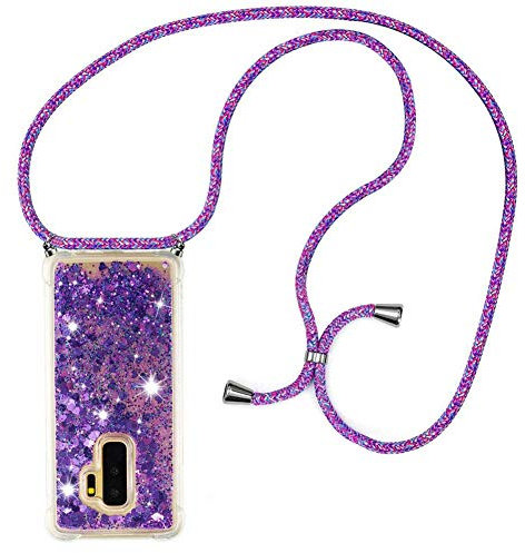 HongMan Collier Coque pour Samsung Galaxy S9+/S9 Plus - Mode Tour de Cou Telephone Étui Paillettes Quicksands Liquide Glitter Cover, Housse pour Smartphone Lanyard Transparente Silicone Case