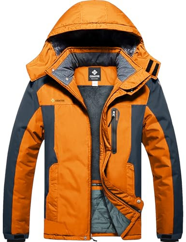 GEMYSE Herren Winterjacke Warme mit Kapuze Wasserdicht Skijacke Winddichte Atmungsaktiv Mehrere Taschen,Orange Dunkelgrau,M