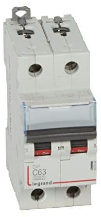 Legrand 407806E Interrupteur automatique magnétique thermique, 2P, 63 A, courbe C, 10 kA, 2 modules, DX3