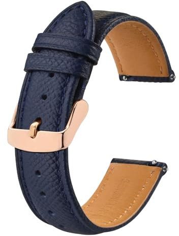 BISONSTRAP Bracelets de Montres en Cuir Texturé, Remplacement Dégagement Rapide pour Femme Homme, 22mm, Bleu Foncé, Boucle Dorée Rose