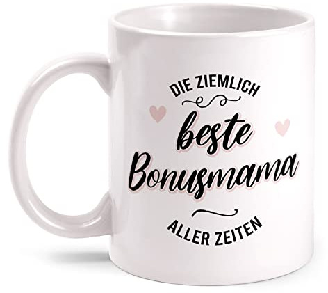 Fashionalarm Beste Bonusmama Aller Zeiten Tasse mit Spruch lustig Motiv - beidseitig Bedruckt | Geschenk-Idee für Mama Mütter Frauen Stiefmutter, Weiß 330ml