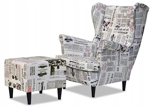 Family Meble Ohrensessel mit Hocker, Modell Print, Skandinavisch, Relaxsessel aus Webstoff, Loungesessel, Ohrensessel mit Hocker, Bequemer Sessel, Für Wohnzimmer, Esszimmer, Schlafzimmer, Zeitung