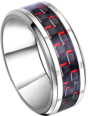 Homxi Ring Gothic Herren,Ring Kohlefaser Edelstahl Ring Herren mit Gravur Rot Ring Herren Größe 58 (18.5)