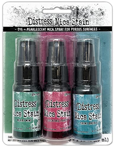 RANGER Tim Holtz-Distress Mica Stains-Holiday Set 4, Merry Mint, Cocktail Party, and Shiny Bauble, 3 x 29.57 ml, TSCK81166
