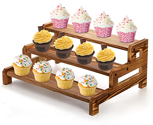 Hiceeden 3 Tier Wooden Cupcake Display Riser Stand, 15.8 x 11.8 x 6.7 Rustic Party Risers Cake Stand Shelf, Wood Retail Countertop Display Shelves for Spice, Plant, Dessert, Craft, Perfume