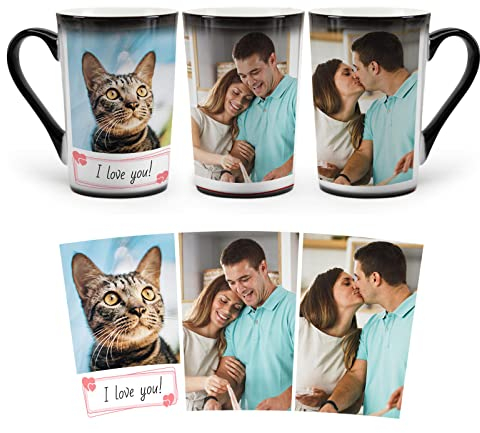 MUGKISS Tazza personalizzata, Tazze personalizzate che cambiano colore, Tazza di caffè magica con foto, immagine, nome, testo, regali per lui, lei (3 Collage Images)