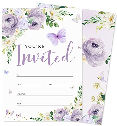 AnyDesign 20 Set Butterfly Purple Floral Invitations with Envelopes Stickers 5 x 7 Inch Spring Watercolor Invitation Paper Cards Blank Invites for Girls Baby Shower Wedding Birthday Dinner Party