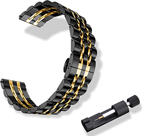 RoYiio Edelstahl Armband für Anstoßbreite 20mm, ErsatzArmband mit Schnellverschluss, Schön Poliert, Metallband für Damen und Herren - Schwarz Gold
