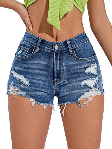 GORGLITTER Women's High Waist Ripped Raw Trim Denim Shorts Stretch Summer Casual Straight Leg Jean Shorts