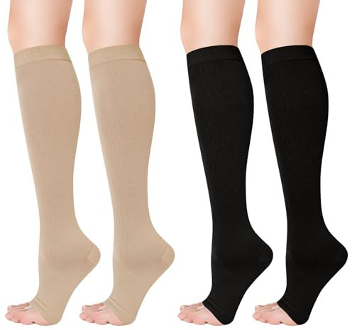 umorismo 2 Pair Flight Compression Socks Toeless Support Socks Open Toe Surgical Compression Stockings Calf Pressure Socks for Women Ladies Maternity Pregnancy Flying Swollen Legs Varicose Veins