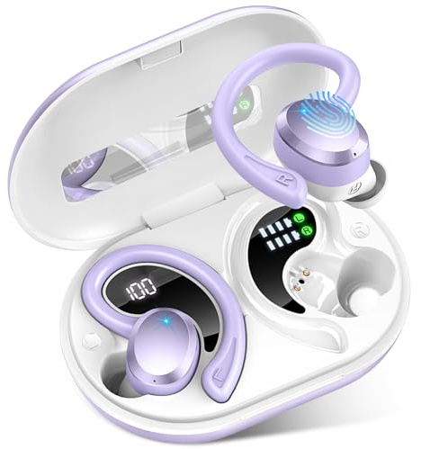 Rulefiss Auricolari Bluetooth 5.3 Cuffie Bluetooth Sport, HiFi Stereo Cuffie Wireless Built in 4 HD Mic, IP7 Impermeabile Cuffie Senza Fili con LED Display, 48 Ore Bassi Potenziati Cuffiette(Viola)