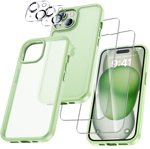 UniqueMe für iPhone 15 Hülle, 5-in-1-Set Handyhülle für iPhone 15 Case Rundumschutz Schutzhülle Cover, 1 Handyhülle & 2 Schutzfolie & 2 Kameraschutz - Grün