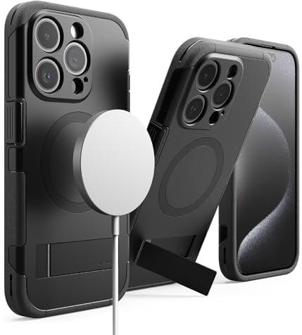 Ringke Alles [Compatible with MagSafe] for iPhone 15 Pro Max Case, [Built-in Kickstand] Rugged Shockproof Bumper Adjustable Stand Protective Phone Cover for Magnetic Charger/Accessories - Black