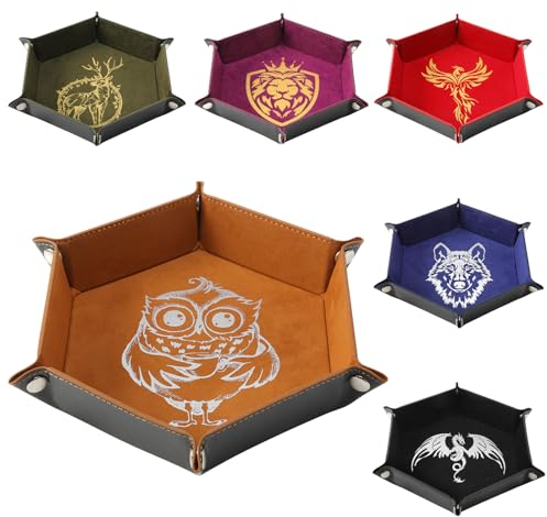 Grajar DND-Würfeltablett mit Tiermuster für RPG D&D Tischspiele – Faltbare Aufbewahrungsbox aus PU-Leder und Samt, 6 Stück