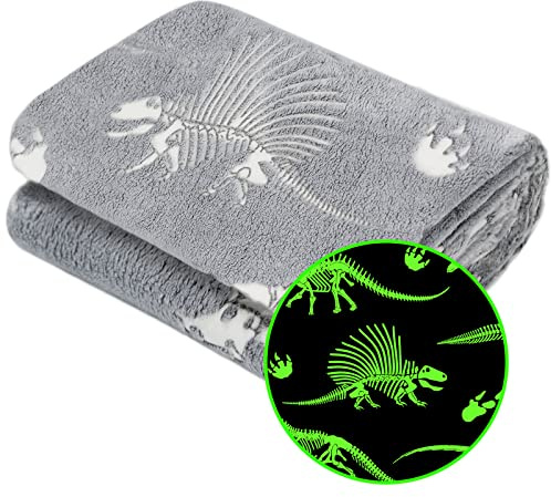 Gitrat Dinosaurier-Decke für Jungen und Kinder, leuchtet im Dunkeln, weich, niedlich, Dino-Decken, Weihnachtsspielzeug, Geschenke, grau, leuchtende Dinosaurier-Decken für Bett, 228,6 x 274,3 cm