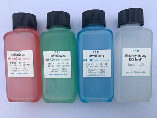 FSRTOP pH Kalibrierlösung Set pH 4 pH 7 pH 9 KCL 3mol/l je 100 ml Kalibrierflüssigkeit Pufferlösung Eichlösung pH Messgerät Tester Eichflüssigkeit Set 400 ml