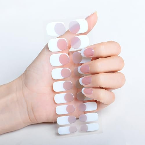 Semi Cured Gel Nail Strips - 18PCS UV Gel Nail Stickers - Soft Self Adhesive Gel Nail Wraps - Long Lasting French Tip Stickers - Waterproof French Manicure Stickers -Need UV Lamp