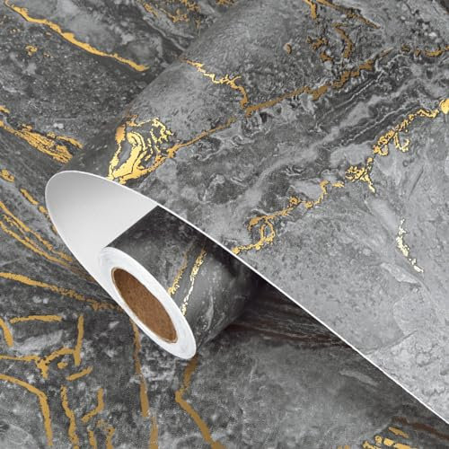 HotDecor Matte Grey and Gold Wallpaper for Kitchen Marble Vinyl Wrap for Kitchen Worktop Cupboards Peel and Stick Marble Wallpaper for Bathroom Grey and Gold Counter Top Vinyl Coverings 40cm x 200cm
