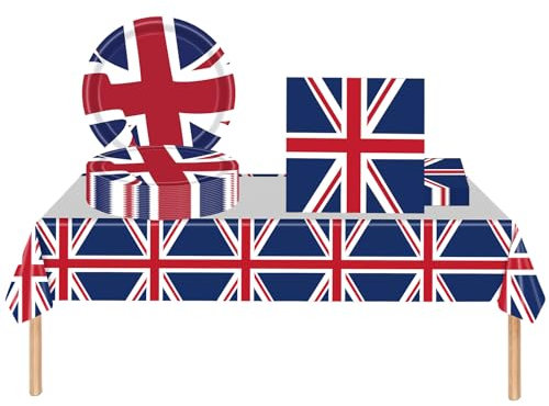 37Pcs Union Jack Party Tableware,UK Flag Plastic Table Cloth,Paper Plates Napkins Serviette Great Britain British Dinnerware Set for VJ Day 80th Anniversary Table Decorations,Union Jack Party Supplies