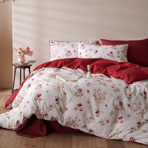 Freyamy Blumen Bettwäsche 200x200cm 3teilig Weiß Rot Bunt Floral Mädchen Bettwaren-Sets Vintage Blumenmuster Microfaser Bettbezug mit Reißverschluss und 2 Kissenbezug 80x80cm