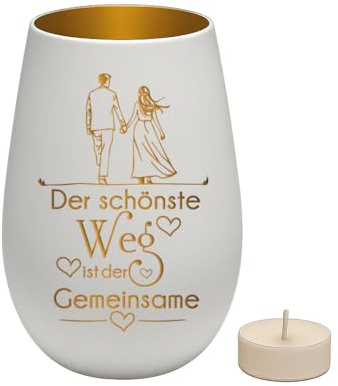Liebtastisch - Windlicht aus Glas - Der Gemeinsame Weg - Geschenk zum Jahrestag, Valentinstag, Hochzeitstag - Gravur für Sie & ihn - für Paare, Eheleute - Geschenkidee - Weiß