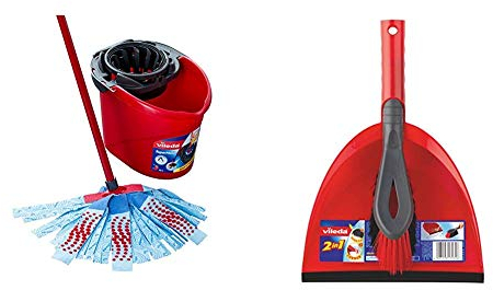 Vileda SuperMocio 3Action XL Mop and Bucket Set, Red/Blue & Dust Pan & Brush Set