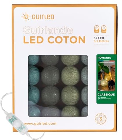 GuirLED - Guirnalda luminosa bolas de algodón LED USB- Luz de noche para bebé 2h - Adaptador de corriente dual USB 2A incluido - 3 intensidades - 32 bolas 3,2m - Romania