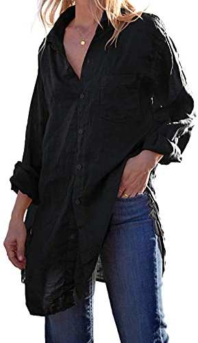 Runcati Damen Button-Down-Shirts Leinen Baumwolle Langarm Bluse Tunika Tops Cover Up Shirt Lose Strand Bikini Kleid