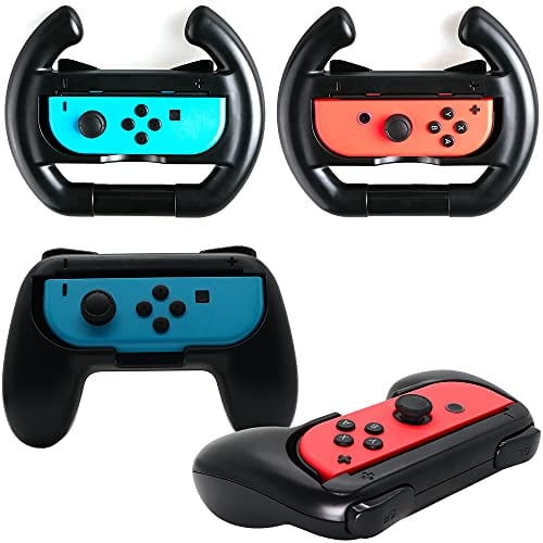 SKGAMES 2x Grips & 2x Lenkrad für Nintendo Switch Joy-Con Controller /// Griff-Halterung Griffhülle Controller Halter Griffe Joy Con Mario Kart 8