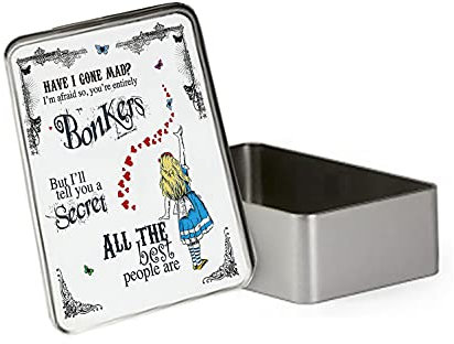 Giftme Alice in Wonderland 'Have I Gone Mad' Rectangular Metal Storage Tin, Whimsical Nostalgic, Themed Storage Tin, 18.4 x 11.4 x 5.5 cm