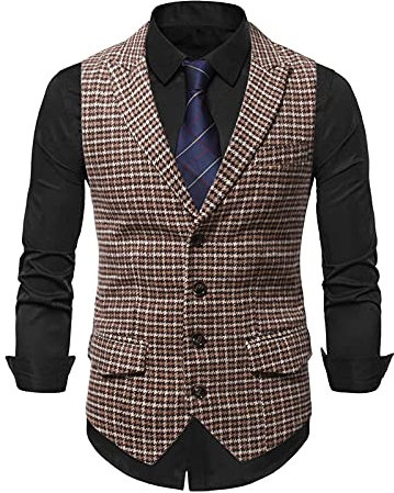 Gilet De Costume pour Hommes Décontracté avec Col à Revers Veste Poche à Boutonnage Simple De Couleur Unie Légère Gilet De Soiree Formelle Rétro sans Manches Gilet à Carreaux