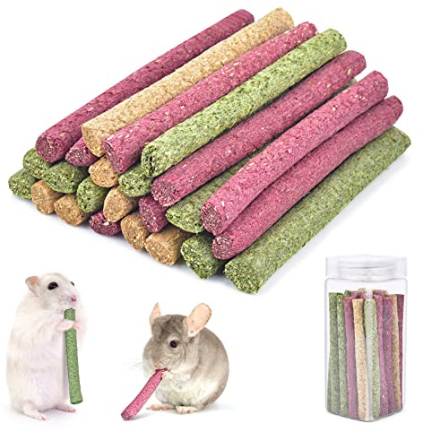 Hamster Chew Toys,ERKOON Timothy Hay Sticks Rabbit Chew Toy 25 Pcs Three Flavors Colorful Natural| Oatmeal | Beet | Boredom Breaker Treat for Rabbits, Gerbil, Chinchilla, Guinea Pigs
