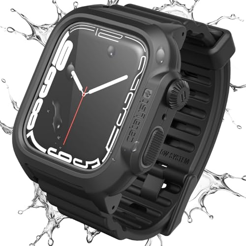 330ft Waterproof Case for Apple Watch Series 9/8/7 45 mm, Soft Silicone Watch Band, Shock Proof Rugged Protective Case, shocks & drops up to 6.6ft (2m), Free Microfiber Cloth included – Stealth Black