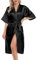 Lovasy Bademantel Damen Satin Japanisch Kimono Jacke Damen mit Gürtel Sexy Morgenmantel Leicht Pyjama für Hochzeit Braut Party,Schwarz,XL