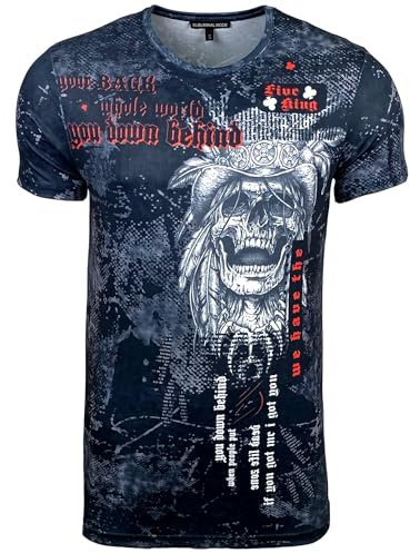 Subliminal - Camiseta para hombre, cuello redondo, manga corta, diseño de calavera con estampado clásico, estilo biker de moda BX105, Negro , M