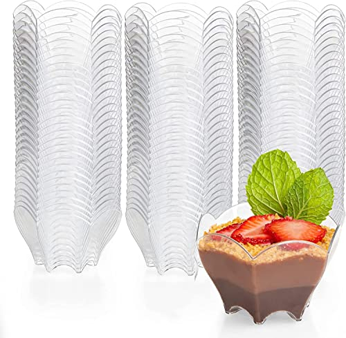KAHEIGN 100Pcs Plastic Dessert Cups, 75ml Flower Shape Dessert Bowl Clear Parfait Appetizer Cup Reusable Serving Bowl for Dessert Pudding Mousse Party (4.5 x 4.5cm)
