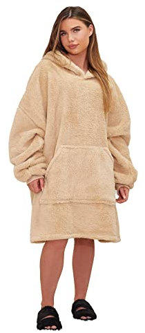 Brentfords Teddy Fleece Oversized Hoodie Blanket Wearable Soft Warm Cosy Giant Thermal Throw Blanket Hoodie for Women Men Teens, One Size, Beige - Adults