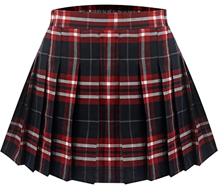 Maeau Jupe Plissée Courte à Carreaux Fille Ecoliere Mini Jupe Écossaise Taille Haute Elastique Tartan Kilt Ecossais Jupe Évasée École de Collège Patineuse Tennis Été Printemps Automne Rouge 8-9 Ans