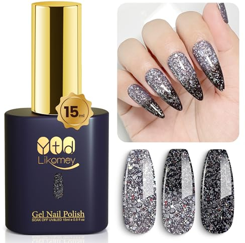 YTD Likomey UV Nagellack Farbwechsel Thermo Farbgel,15ml Grau lila Schwarz Glitzer Gel Chamäleon Shellac Nagelgel UV/LED Color Change Gellack,WB210