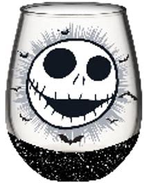 Disney Verre à vin sans pied avec base pailletée Motif visage de Jack Skellington de Tim Burton The Nightmare Before Christmas