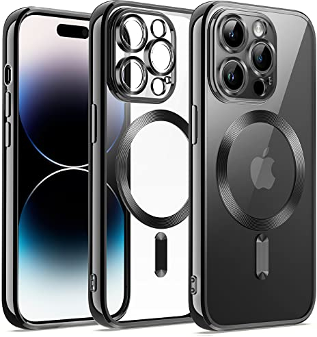 JETech Cover Trasparente Morbida per iPhone 14 Pro 6,1 Pollici, Obiettivo per Fotocamera Protezione Completa, Compatibile con MagSafe Ricarica Wireless, Custodia Placcatura con TPU (Nero)
