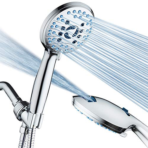 AquaCare High Pressure 8-Mode Handheld Shower Head - Anti-Clog Nozzles, Built-in Power Wash to Clean Tub, Tile & Pets, Extra Long 6 ft. Stainless Steel Hose, Wall & Overhead Brackets - 1.8 GPM
