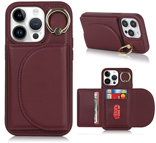 Cavor iPhone 14 Pro Phone Case With Card Holder,Flip Folio Leather Wallet Case,[4 Card Holder][Ring Stander][Magnetic],Cover Phone Case for iPhone 14 Pro - Dark Red