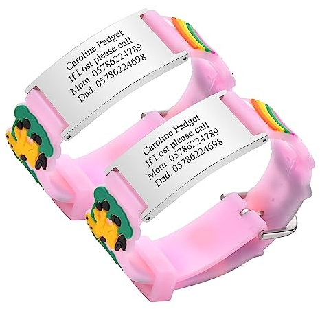 Notfallarmband SOS Armband Kinder Personalisierte - 2 Stück Gravur Edelstahl Tag & Rosa Cartoon Silikonband Sicherheitsarmband für Mädchen Jungen Kinder Anti-Verlust Notfall Armband ID Armbänder