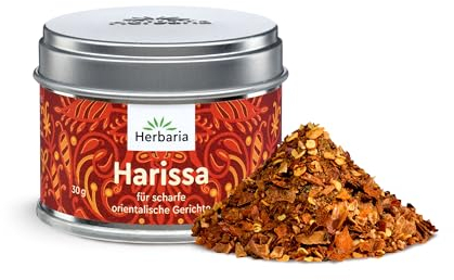 Herbaria Harissa bio 30g S-Dose – Harissa Gewürz, scharfe orientalische Gewürzmischung - Bio-Gewürzmischung mit feiner Chili-Schärfe - erlesene Zutaten - in nachhaltiger Aromaschutz-Dose